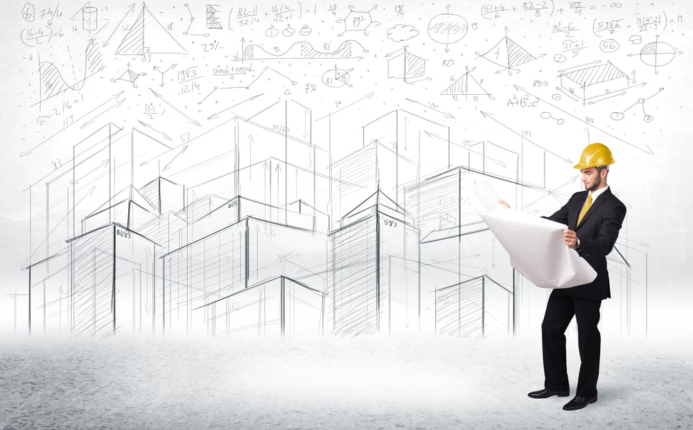 construction specialist with city drawing in background concept construction specialist with city drawing in background concept